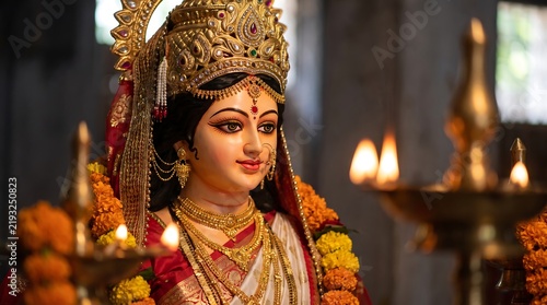 Woman in traditional Durga Puja attire performing devotional ritual with floral garlands in temple setting