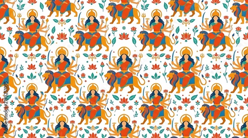 Traditional durga puja pattern featuring horse and rider motifs in vibrant floral background