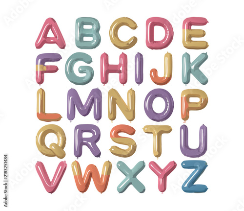 Colorful inflatable balloon alphabet letters set, isolated vector illustration