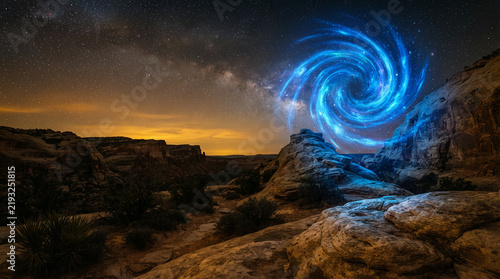 Blue vortex of light glowing between canyon rocks under a starry night sky