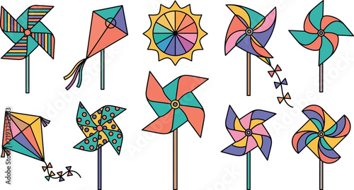 Foto Colorful pinwheel and kite wind toy icon set featuring creative geometric abstra