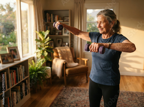 Older woman doing bicep curls with purple dumbbells in a bright living room