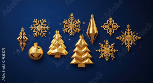 Golden christmas ornaments scattered on a dark blue background