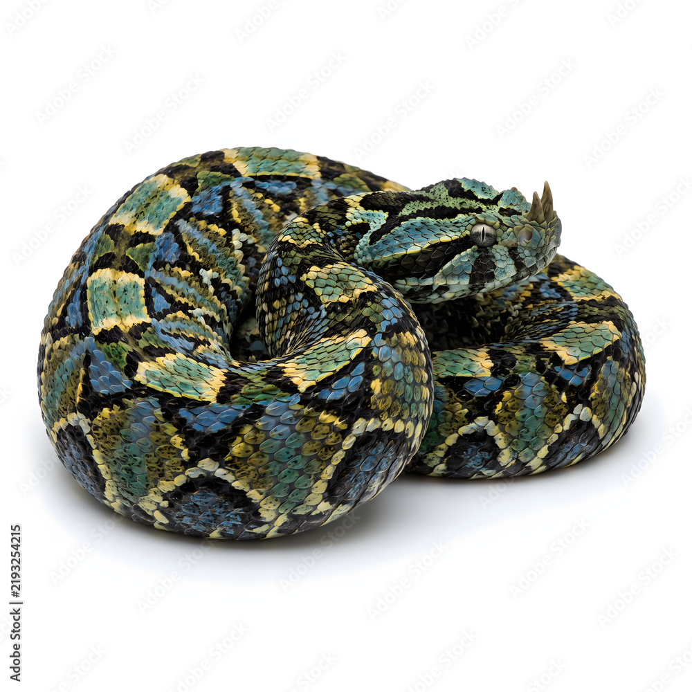 Obraz premium Rhinoceros Viper Coiled with Colorful Mosaic Pattern, Isolated on White Background