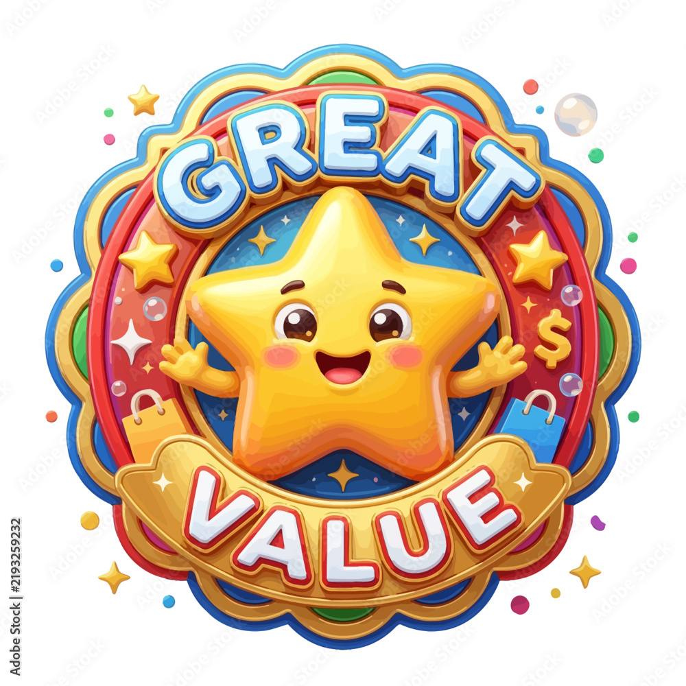 Fototapeta premium Colorful cartoon star badge vector, great value label with dollar sign, playful glossy sticker emblem for sale, pricing and promo design