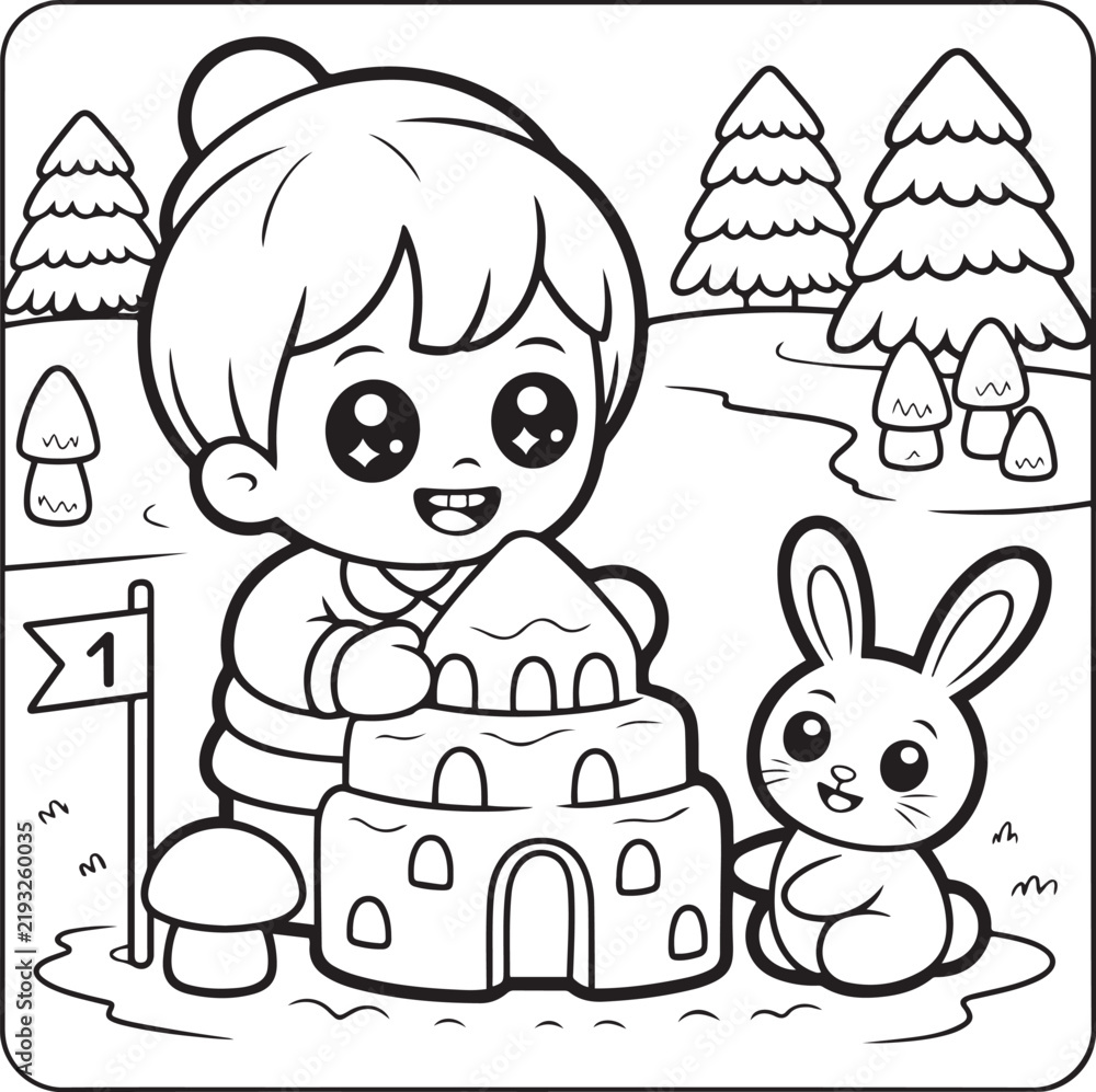 Fototapeta premium Kawaii Child Baking Christmas Cookies with Puppy, Black and White Line Art Coloring Page