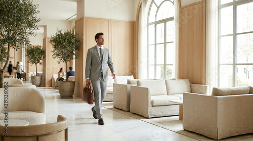 Man crossing a tiled hotel lobby past arched windows and potted olive trees