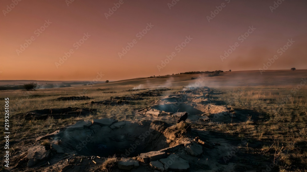 Fototapeta premium Expansive Landscape at Sunset with Distant Hills and Rough Terrain