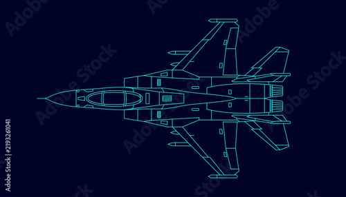 Modern Fighter Jet Top View Blueprint Line Art, Military Aircraft Technical Vector Illustration on Dark Background