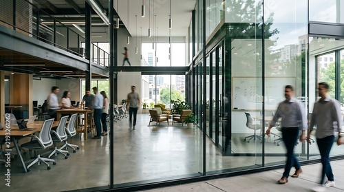 Modern industrial office interior with glass walls, professional business people working in open coworking space, contemporary corporate workspace design
