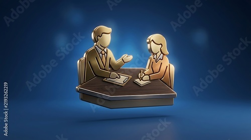 Golden business interview icon, 3D corporate meeting symbol on blue background, professional recruitment and hiring concept illustration