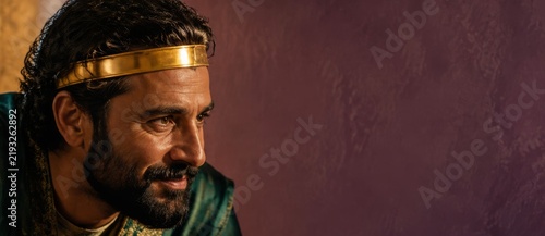 A majestic king wearing a golden crown gazes intently off to the side; the scene is set in a historical or fantasy environment. A biblical subject. Copy space