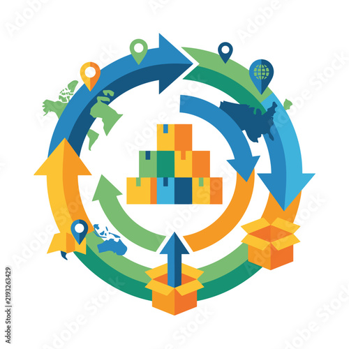 Global shipping concept with stacked boxes and arrows surrounding world map