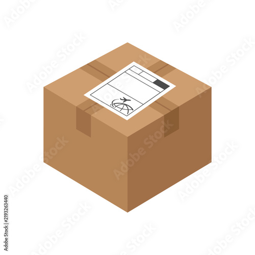 Isometric cardboard delivery box with shipping label on white background