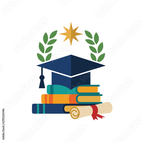 Graduation cap resting on a colorful stack of books with leaves and a star