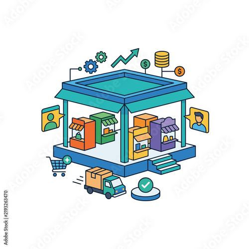 Isometric e commerce platform concept with online store and delivery truck