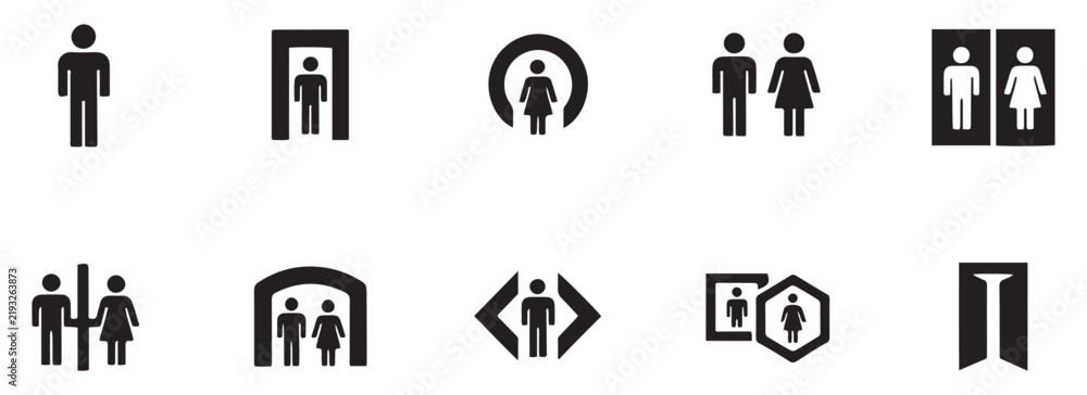 Fototapeta premium Public facility navigation symbols showcase black round head pictograms for architectural wayfinding.