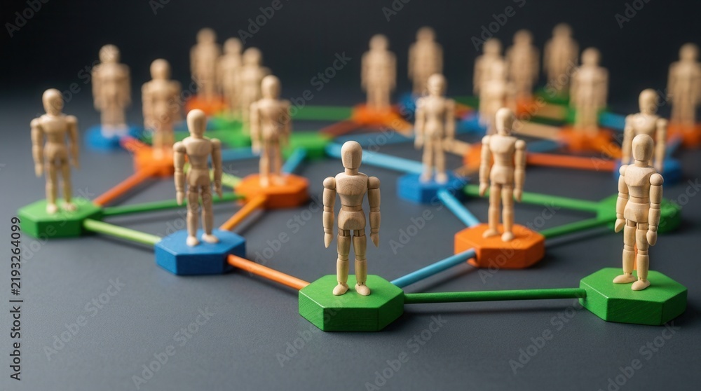 Obraz premium Wooden figures linked by colorful connectors symbolizing business networking and community.