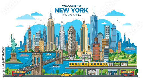 New York City Skyline Illustration - Iconic Landmarks and Transportation