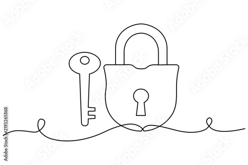 Minimal continuous line art padlock and key vector for cyber security and UI icon design.