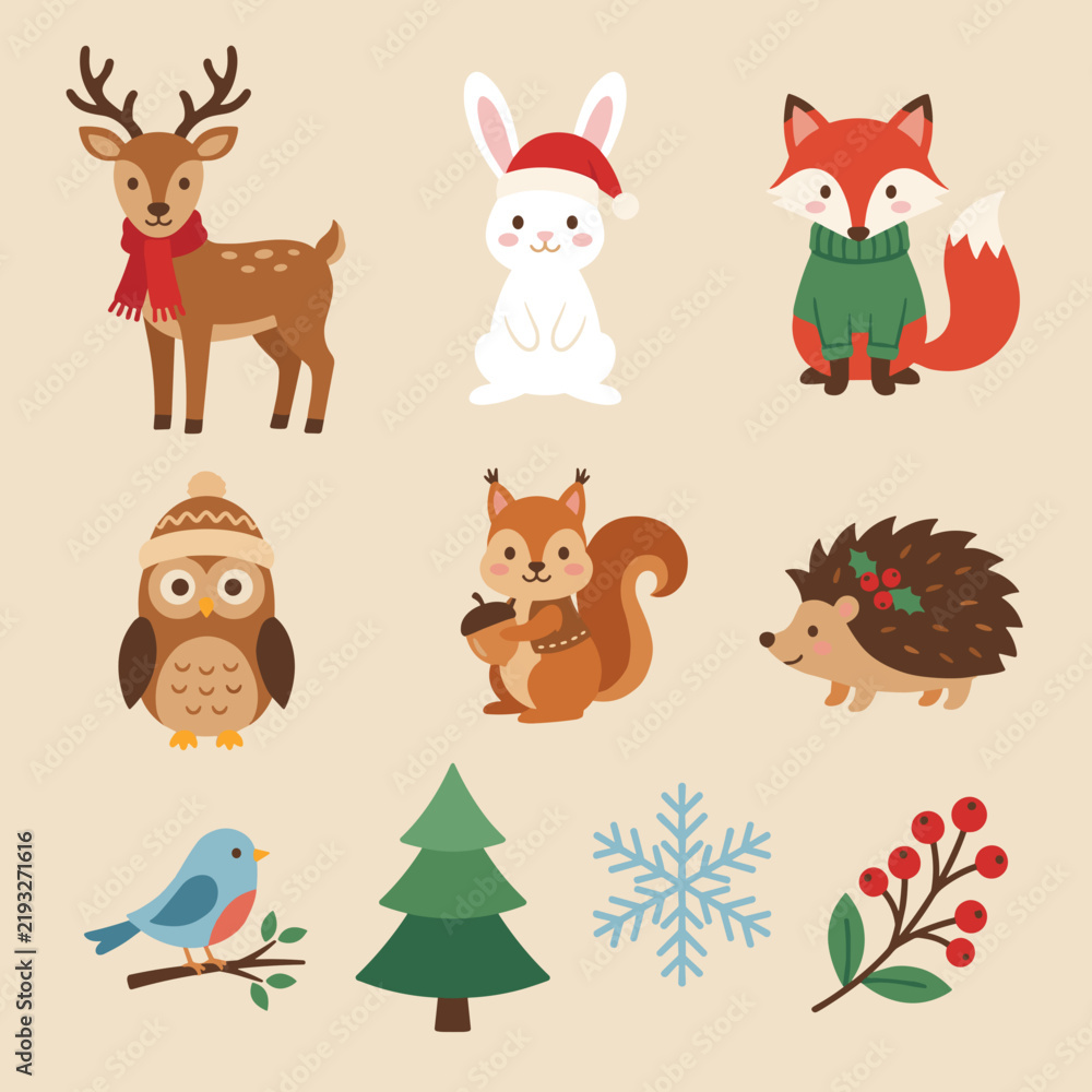 Obraz premium Cute Winter Animals and Elements Collection Featuring Deer Fox Owl Squirrel Hedgehog Bird Tree Snowflake and Holly