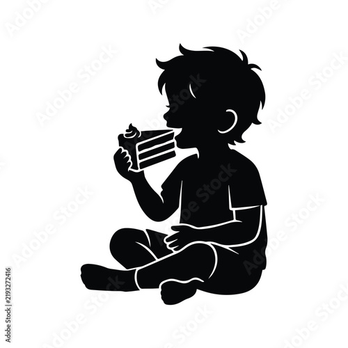 Little boy silhouette sitting eating slice cake, delicious dessert, sweet food.
