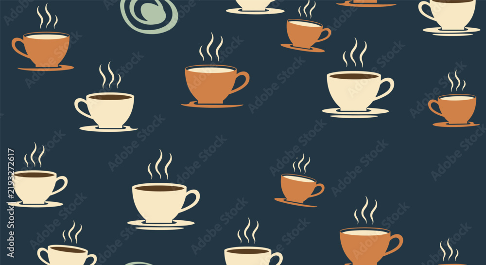 Fototapeta premium Coffee cups with steam rise from a dark blue background in a playful and cozy seamless pattern for cafe decor.