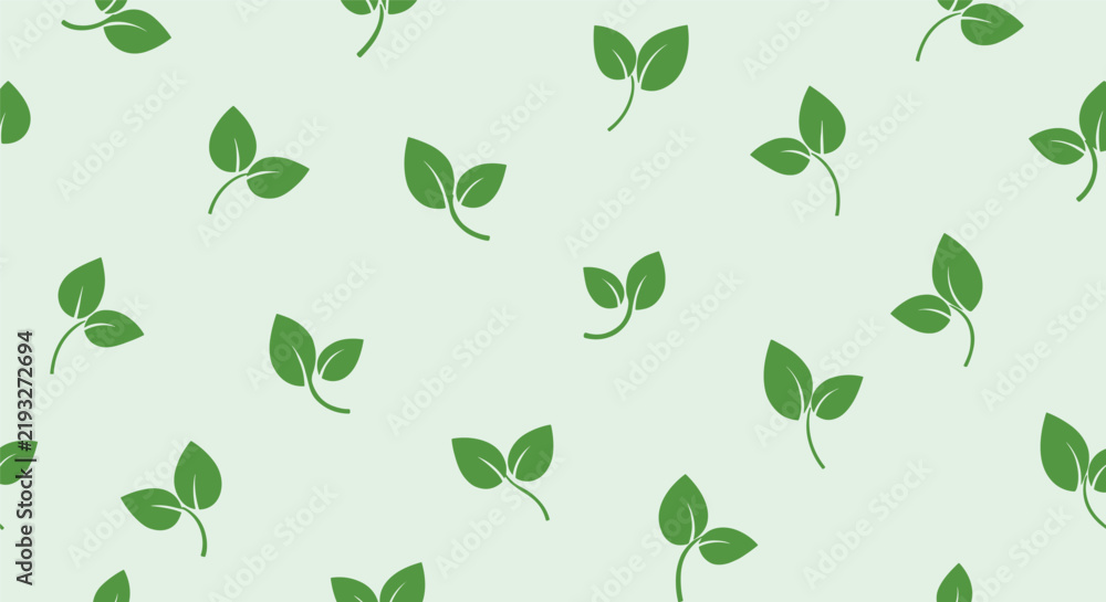 Obraz premium Small three-leaf green sprigs repeat in a simple and fresh seamless pattern on a very light mint green background.