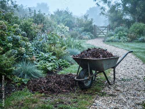 Leaf filled wheelbarrow spills beside a misty gravel path leading to a garden gate
