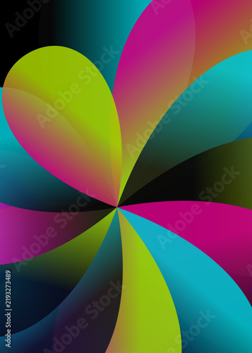 Vibrant abstract design featuring colorful overlapping petals radiating from a center point, creating a dynamic floral or pinwheel pattern.