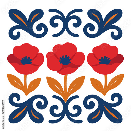 Red poppies and blue decorative elements