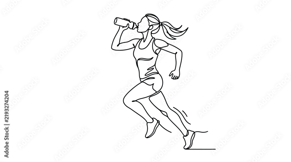 Fototapeta premium Woman running drinking water vector line art illustration