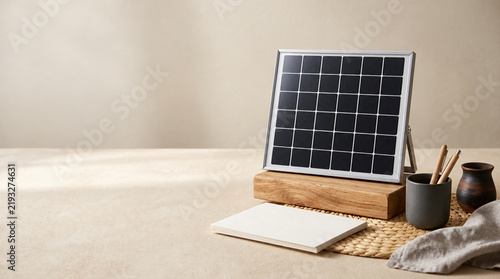 Small solar panel sample beside a smooth sand colored surface
