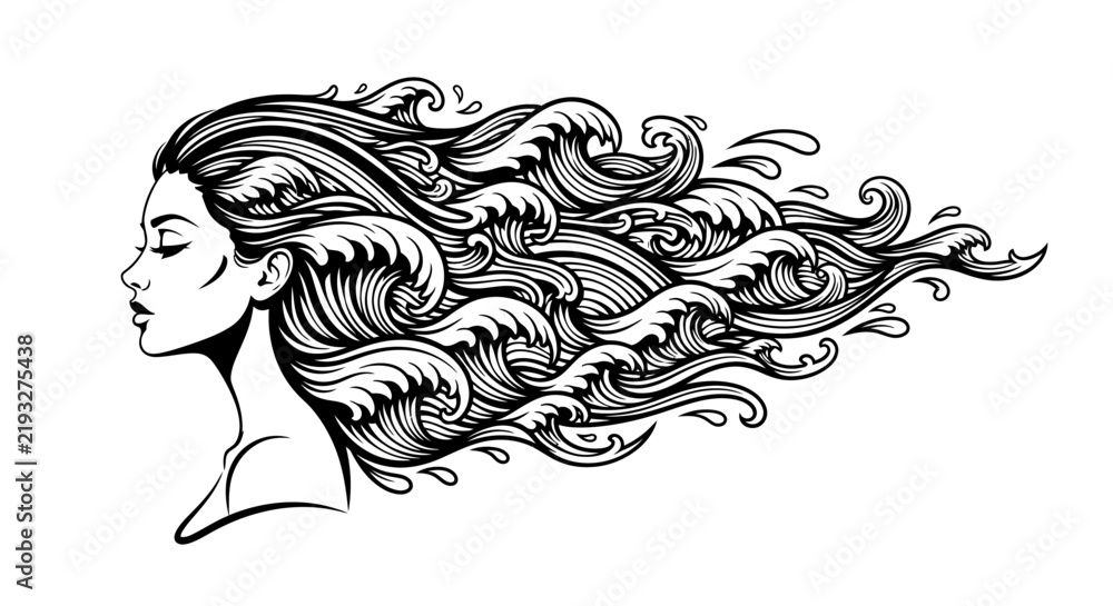 Fototapeta premium Woman profile with hair styled as ocean waves.