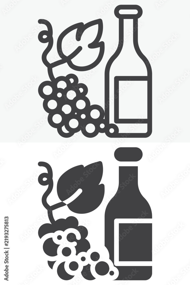 Obraz premium Wine bottle with grapes icon set in line, outline and solid style. Wine icon with bottle, grapes and leaf, editable stroke vector sign and symbol.