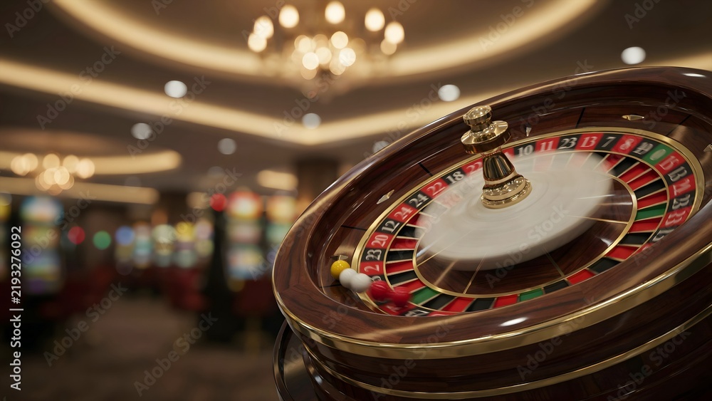 Obraz premium Elegant Roulette Wheel in a Casino with Bright Lights and Luxurious Atmosphere