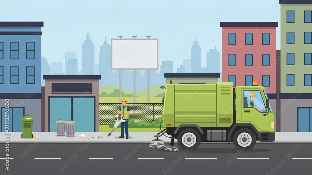 Fototapeta premium Municipal street cleaning vector scene