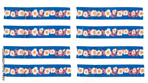 фотографія Set of 8 royal blue folk floral washi tape strips identical size, white daisy pi