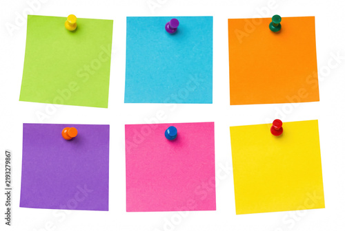 Collection of six vibrant multi colored adhesive notes with push pins