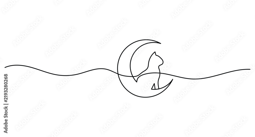 Fototapeta premium Cat on moon line art featuring a continuous single line drawing with editable stroke vector.