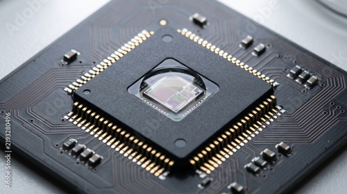 Extreme macro close up of integrated circuit microchip silicon die on circuit board