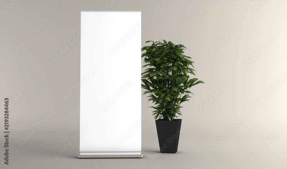 Obraz premium Blank vertical roll-up banner stand mockup on white background. Pull-up roller portable signage mock-up. White pop-up advertising display template. Roll up
