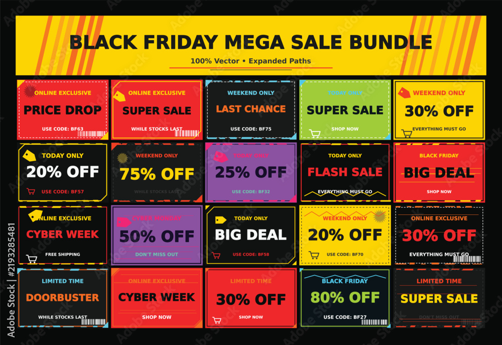 Obraz premium Black Friday mega sale bundle with red yellow and purple marketing price labels.