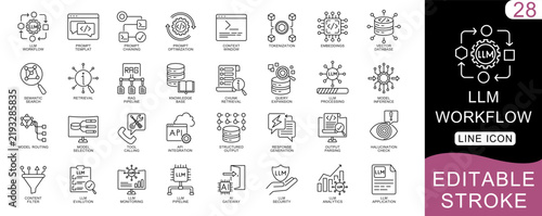 LLM Workflow and Large Language Model AI Technology Line Icons with Editable Stroke