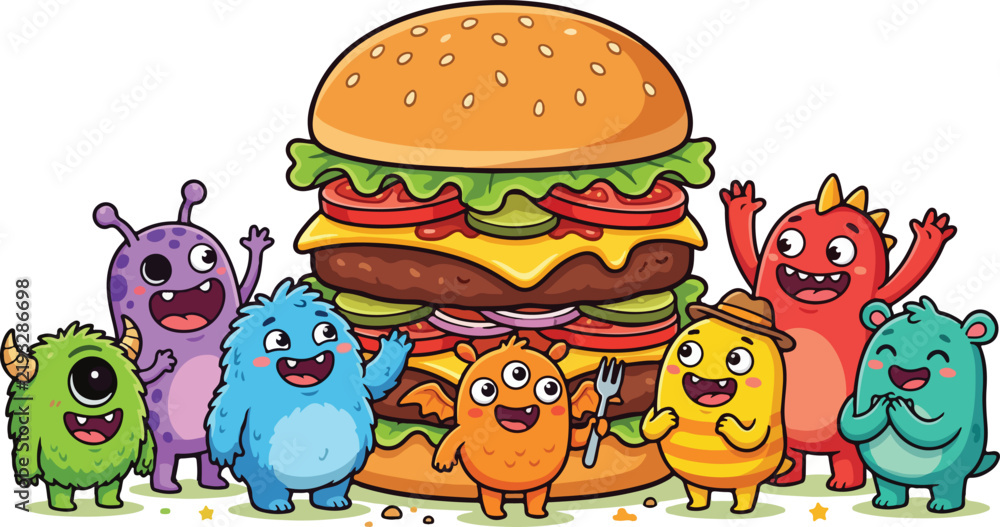 Fototapeta premium Cute colorful monsters standing around a huge delicious burger white background