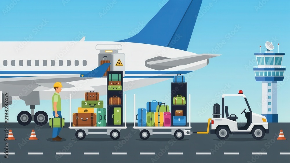 Obraz premium Airport ground crew loading luggage onto airplane