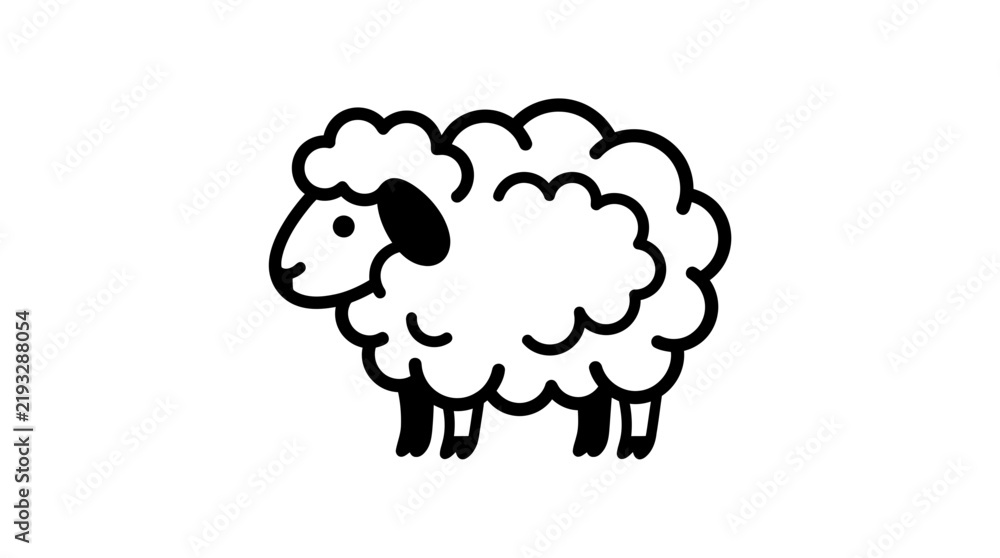 Obraz premium Simple black and white cartoon drawing of a fluffy sheep standing, depicted with a clear outline and minimal detail.