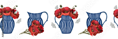 Seamless watercolor border with striped blue-white vases and red poppies on white.