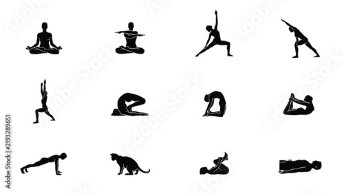 Foto Black silhouette figures demonstrating various stretching and yoga poses on plai