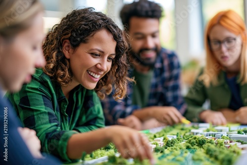 Urban planning team collaborating on climate - resilient neighborhood model